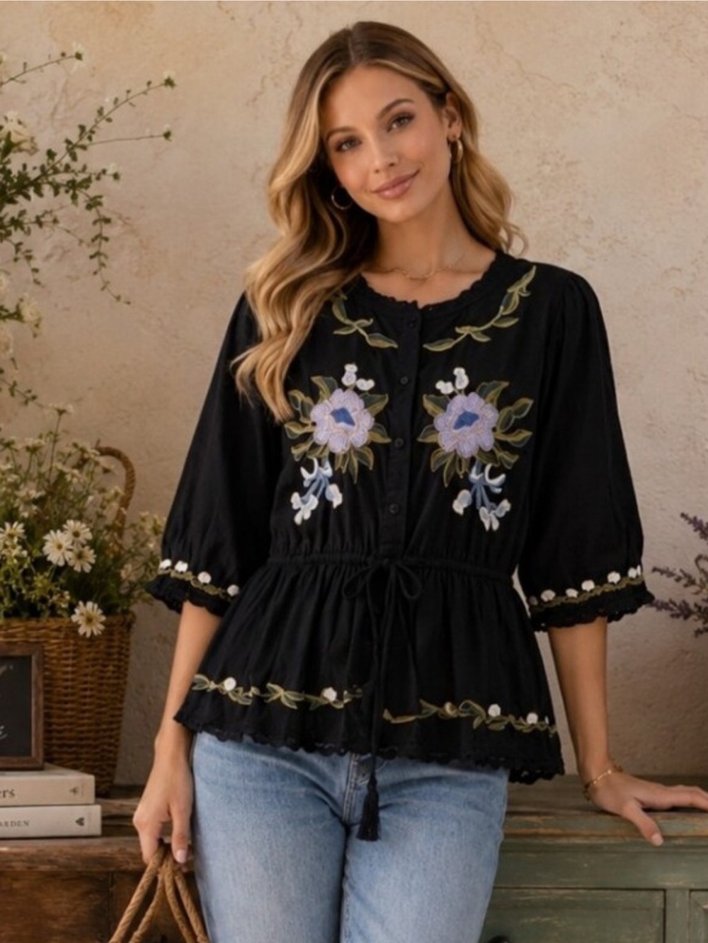 Jennifer & Grace Winter Garden Embroidered Short Sleeve Shirt Blouse ( Farm Rio)